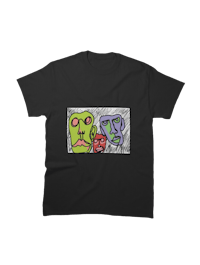 a black t - shirt with three faces on it