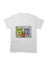 a white t - shirt with two faces on it