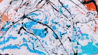 an abstract painting with blue, orange, and black paint