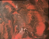 an abstract painting with red and brown colors