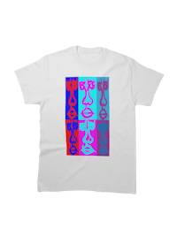 a white t - shirt with a blue, pink, and purple design