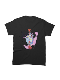 a black t - shirt with an image of a cat and a flower