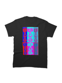 a black t - shirt with a red, blue, and purple design